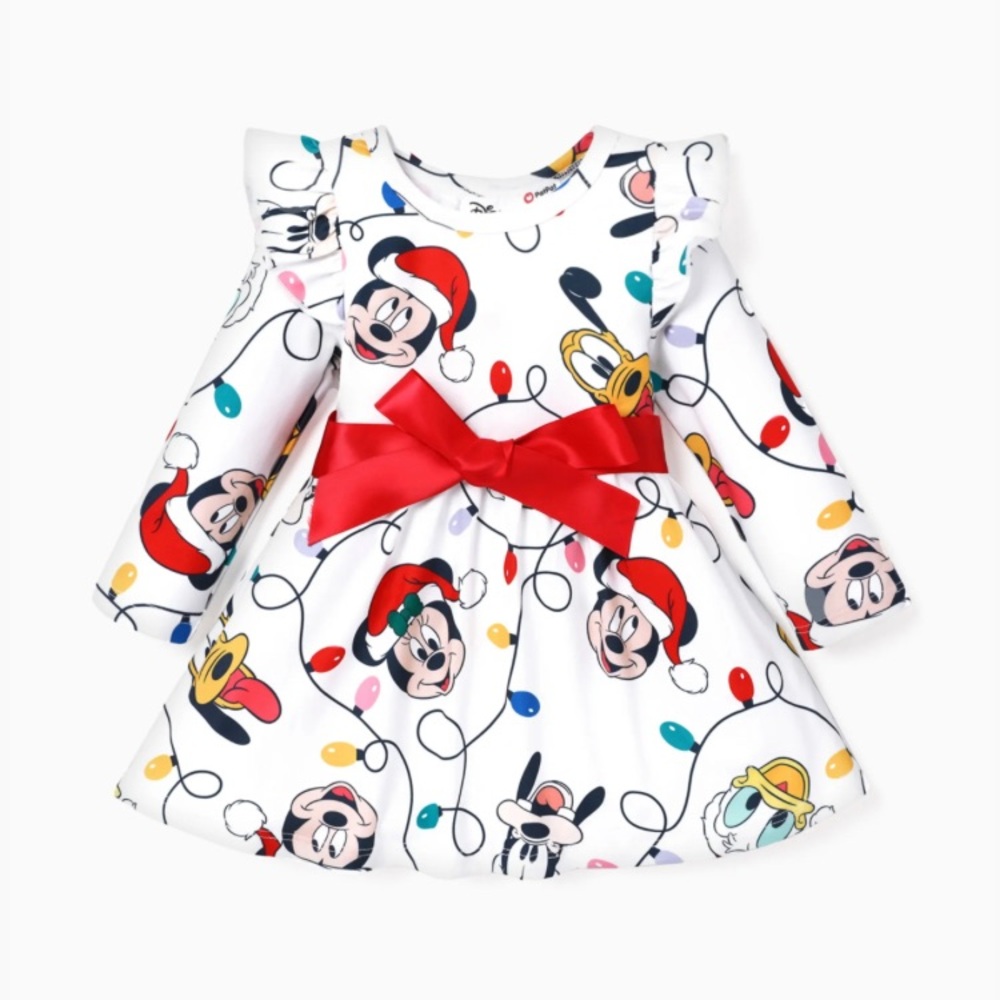 Disney Mickey and Friends Toddler Girl Xmas Bow Tie Long Sleeve Dress Red